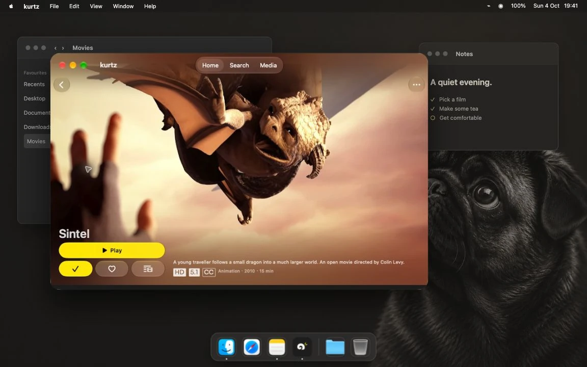The real kurtz Jellyfin detail page for Sintel, on the staged Mac desktop with Finder, Notes and a subtle pug wallpaper.