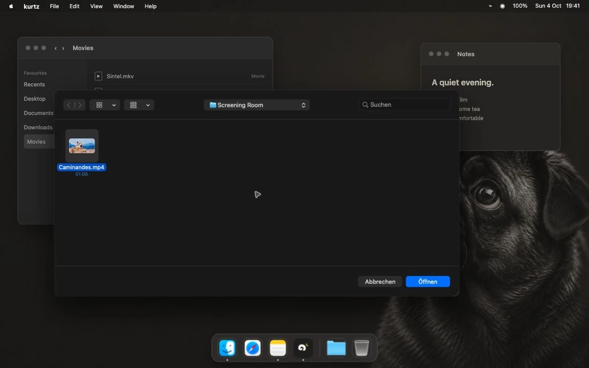 The real macOS Open Video panel selecting Caminandes.mp4, staged on the pug desktop.
